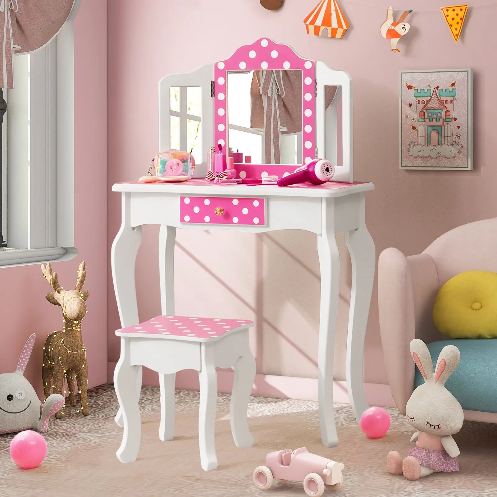 Polka Dot Kids Vanity Table & Stool Set with Mirror